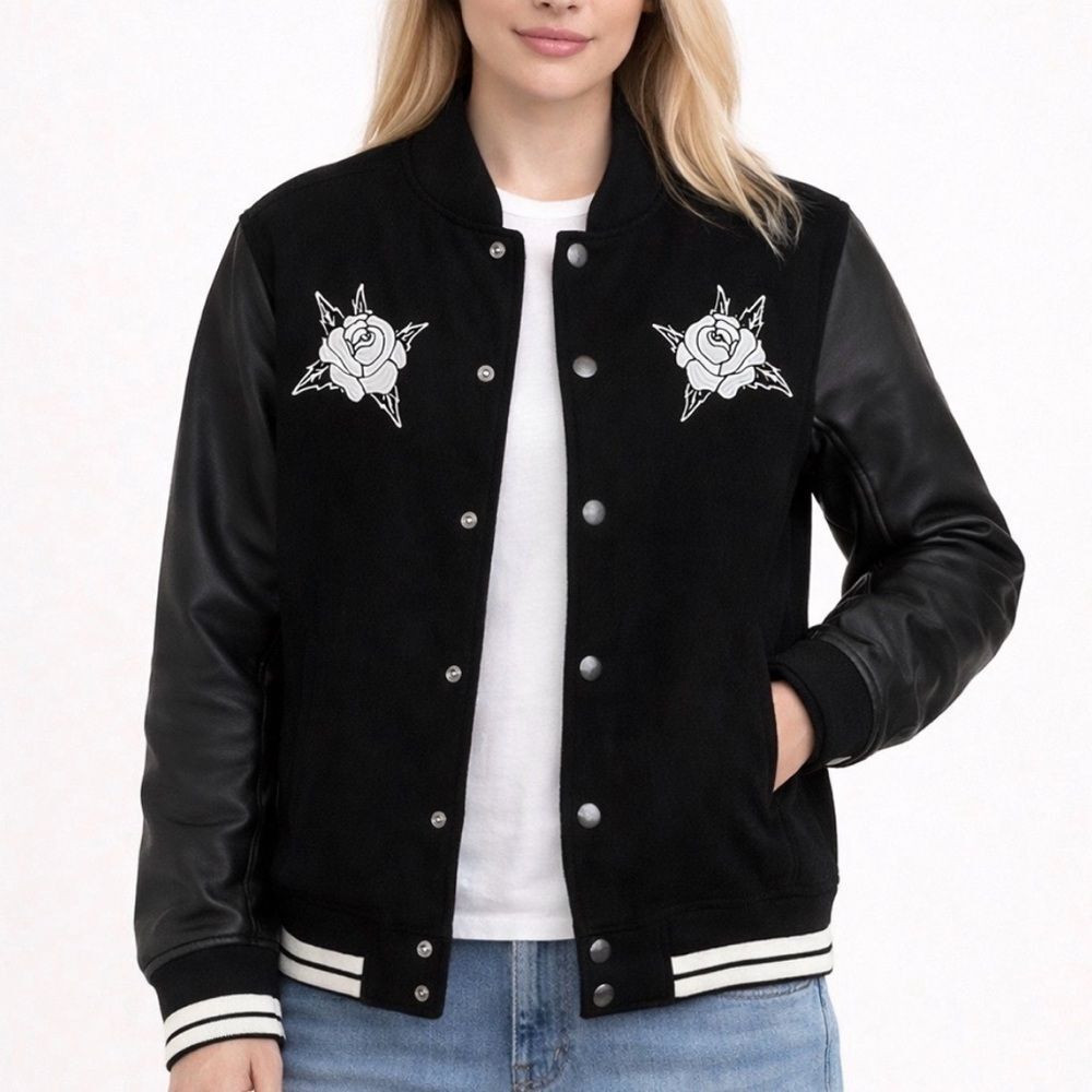 PacSun Women’s Bomber Jacket Black White Embroidered Medium Gothcore Rose Skull